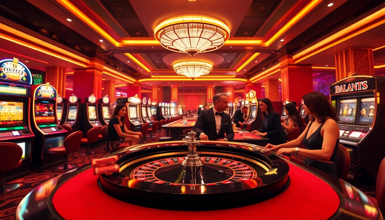 Experience thrilling gameplay at https://S8.limo/ with luxurious casino tables featuring roulette wheels and vibrant slot machines.