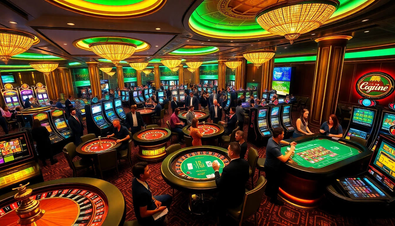 A vibrant casino scene highlighting the excitement of gambling on 8kbet net, featuring lively players at game tables and slot machines.