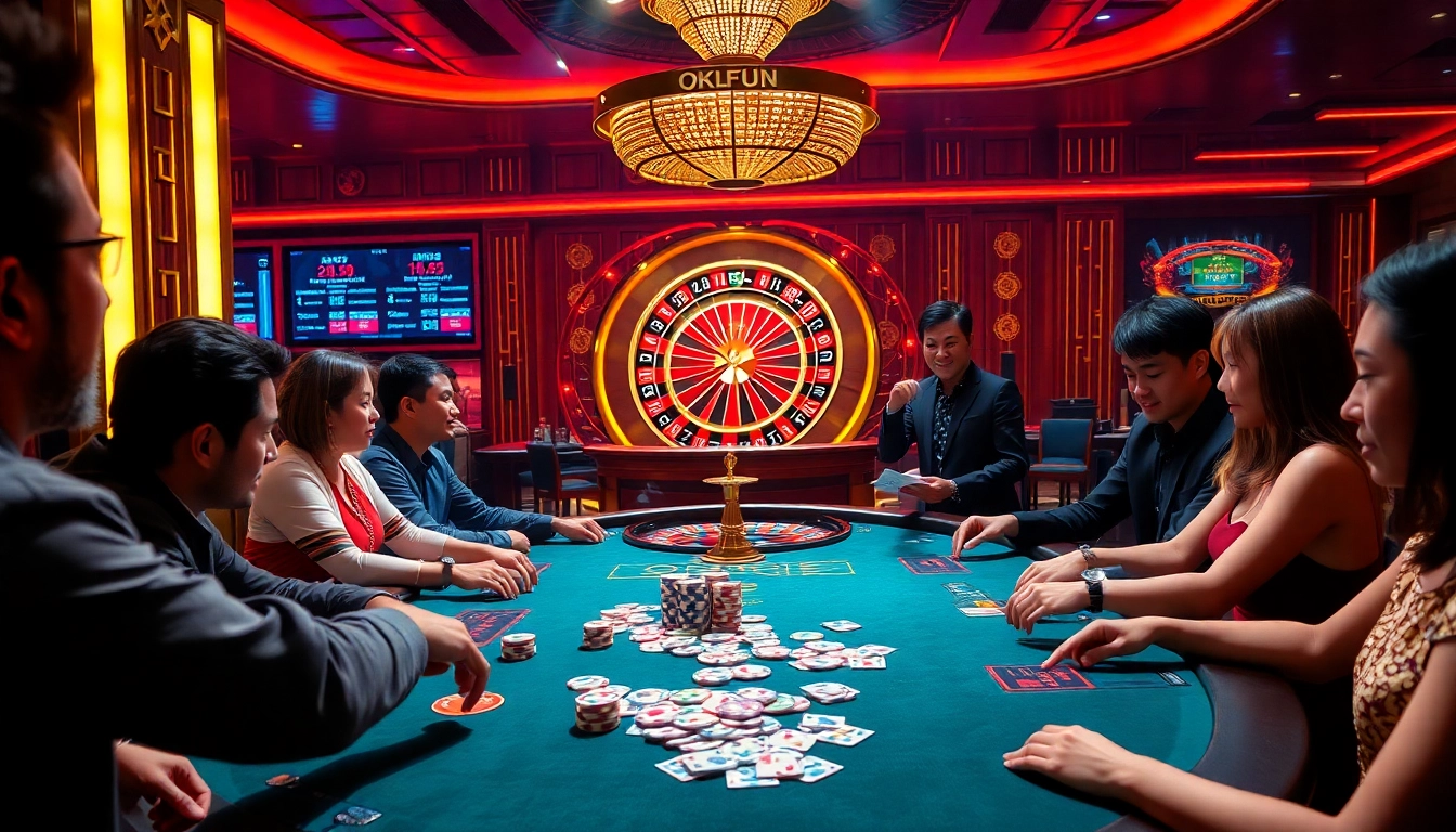 Experience thrilling gameplay at OKFUN casino with vibrant poker tables and engaging dealers.