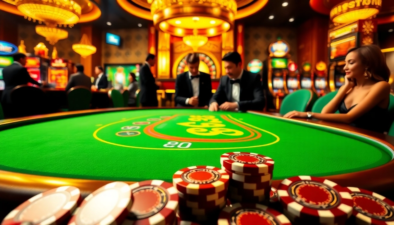 Engaged gamblers strategizing at the j88-themed poker table amidst a luxurious casino atmosphere.