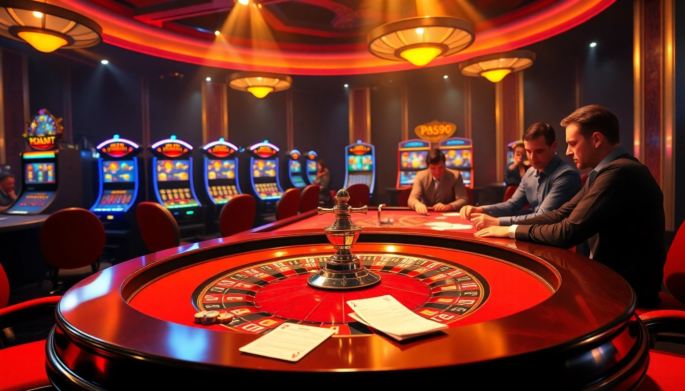 Exciting casino atmosphere featuring PS99-themed poker game and vibrant slot machines.