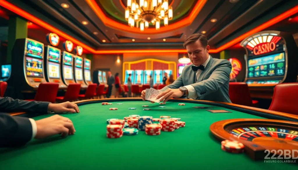 A thrilling casino scene with players at a poker table and vibrant slot machines highlighting 222BD gaming.