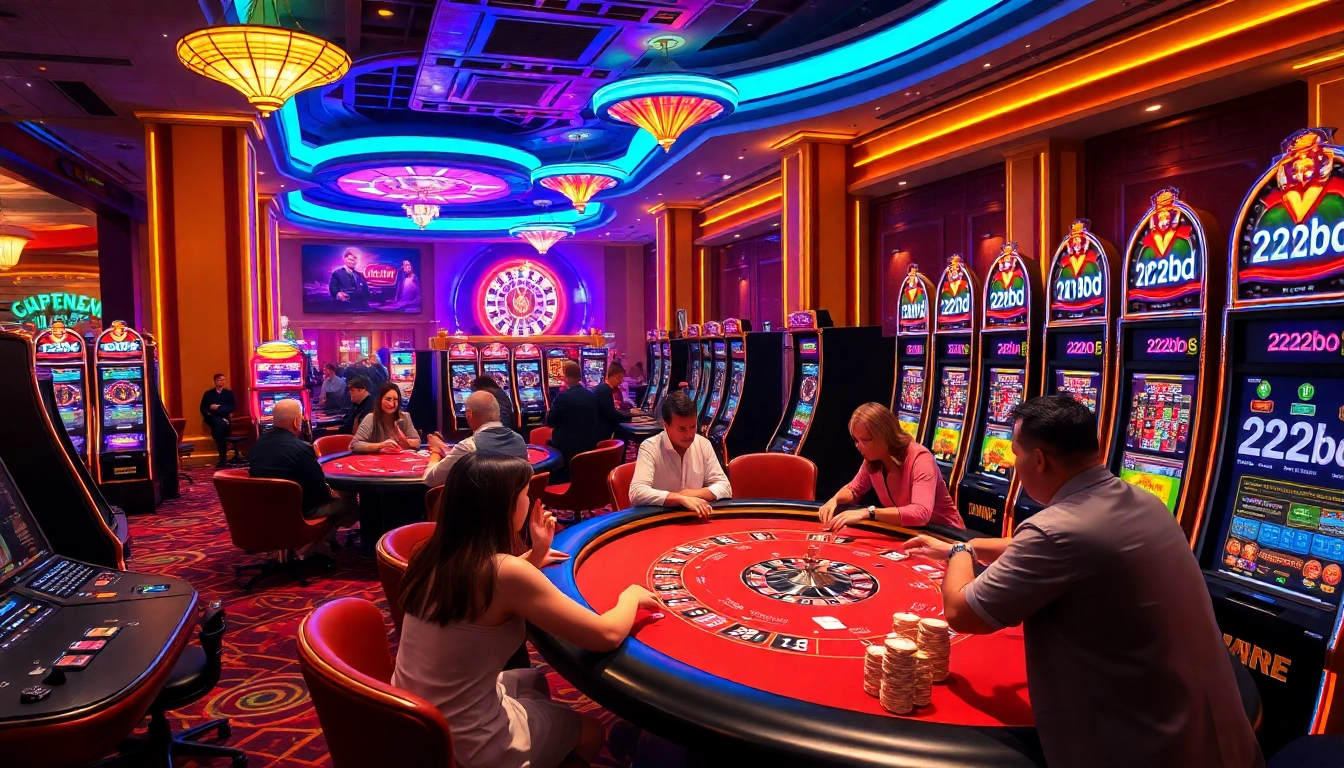 Experience the thrilling casino atmosphere of 222bd with vibrant gaming scenes and excited players.