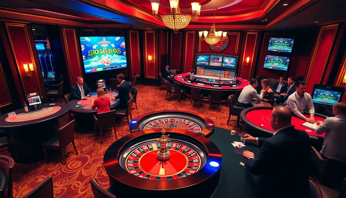 IWIN casino scene showcasing vibrant gaming with roulette, poker, and luxurious decor.