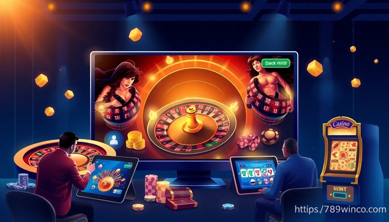 Engaging scene featuring players enjoying the excitement of online gambling at https://789winco.com/ with poker chips and slot machines.