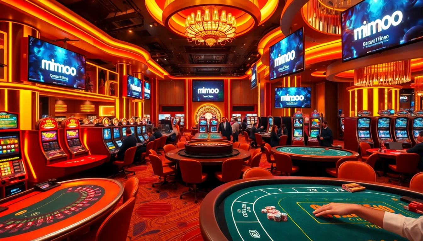 Exciting casino scene with slot machines and poker tables featuring mmoo branding.