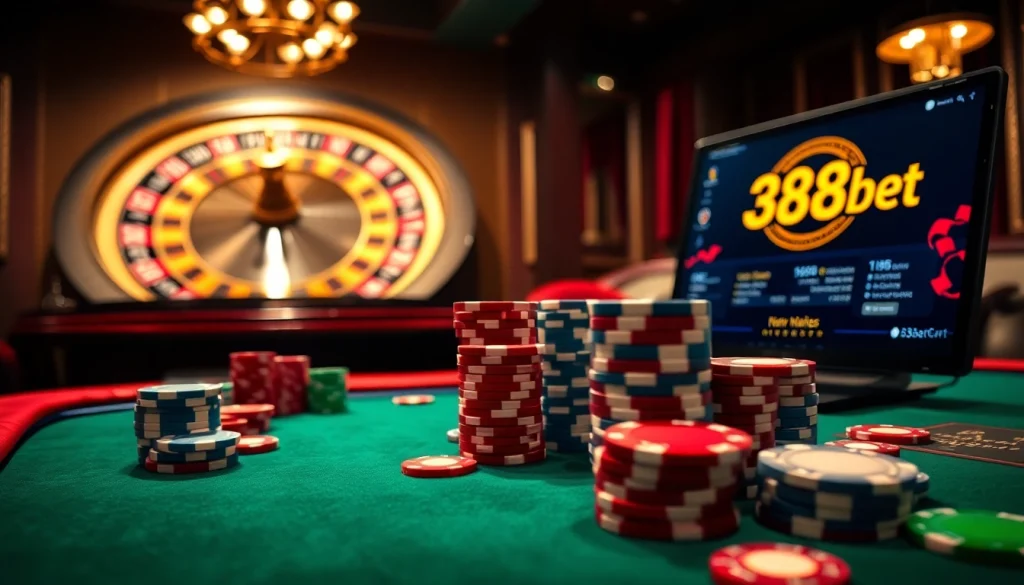 Engaging poker table scene with 388bet branding showcasing cards and chips for casino enthusiasts.