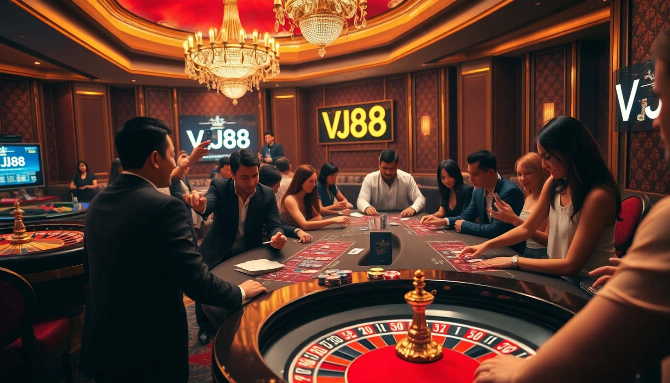 VJ88 gamblers enjoying a thrilling casino atmosphere with roulette and poker.