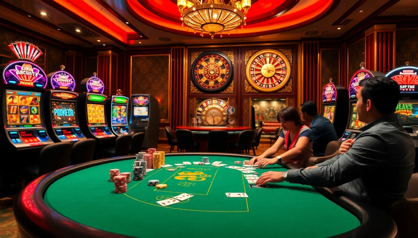 Winning big at bem88 with poker chips, cards, and slot machines in a vibrant casino setting.