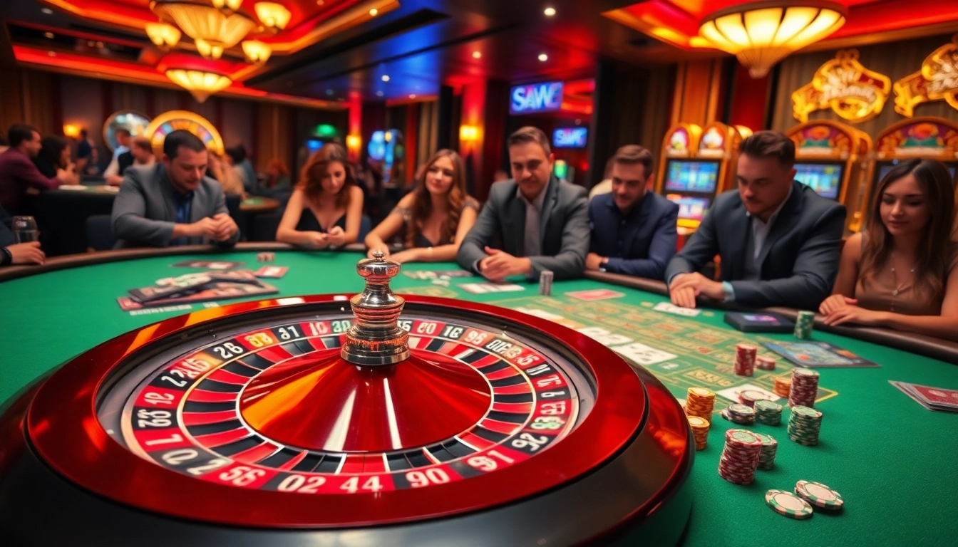 Experience the thrill of gambling at https://i9bet.ren/ with a luxurious casino scene featuring poker players, roulette wheels, and slot machines.