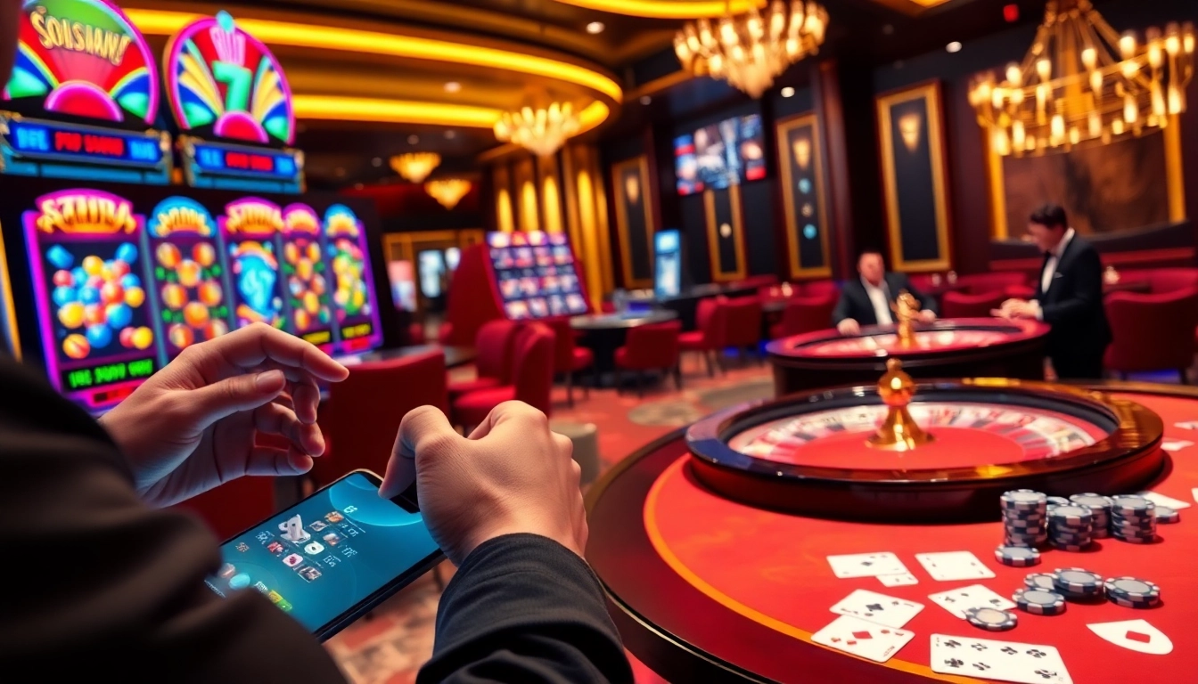 Adegan menarik para pemain yang menikmati slot pulsa dengan mesin slot berwarna-warni di kasino.