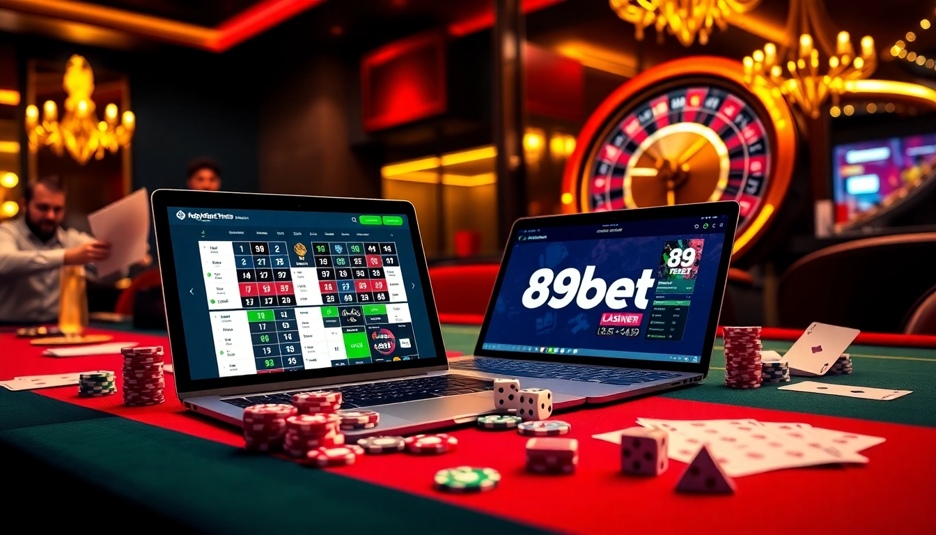 Engage in the excitement of 89bet with casino games and vibrant poker chips.