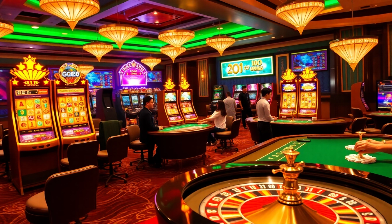 GO88 players enjoying high-stakes gaming at casino tables with vibrant slots and poker action.