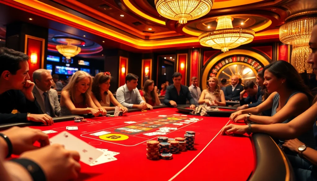 KJC players engage in an exciting game at the vibrant casino table filled with chips and cards.