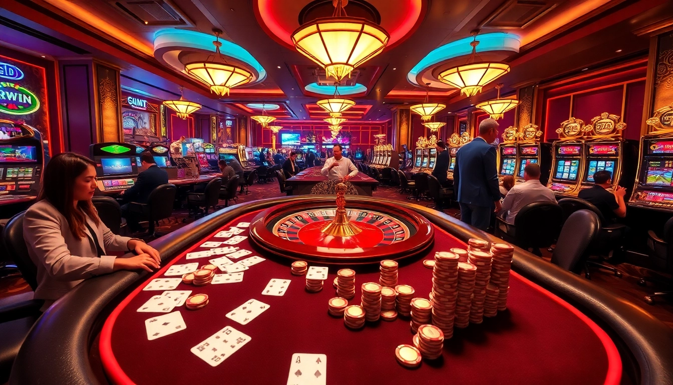 Excitement unfolds at a vibrant casino scene featuring 6RWIN, poker tables, and roulette wheels.