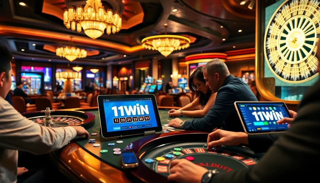 Players enjoy high-stakes poker at 11win's luxurious casino, showcasing excitement and strategy.
