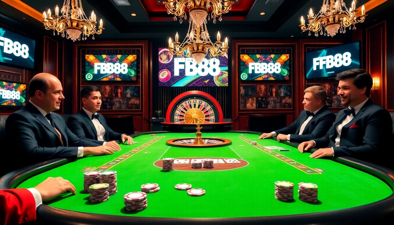 Exciting game action at Fb88 casino with poker chips, cards, and roulette.