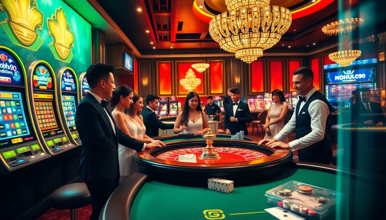 Nohu90 casino scene with players at tables enjoying poker, baccarat, and vibrant slot machines.
