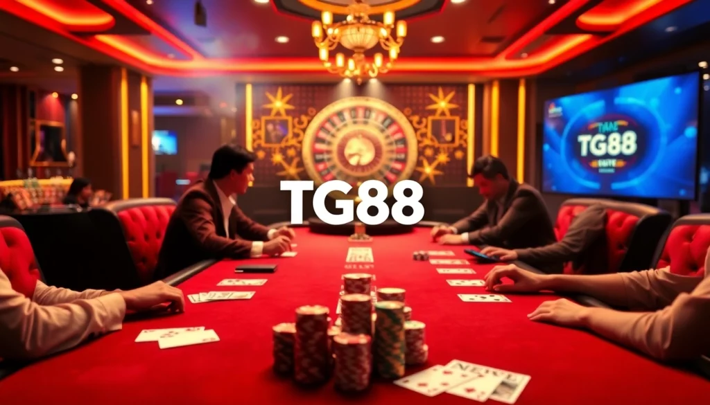 Players enjoying poker at a TG88 branded casino table, showcasing excitement and luxury.