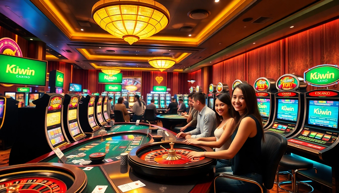 Kuwin players celebrating wins at vibrant casino tables with slot machines in the background