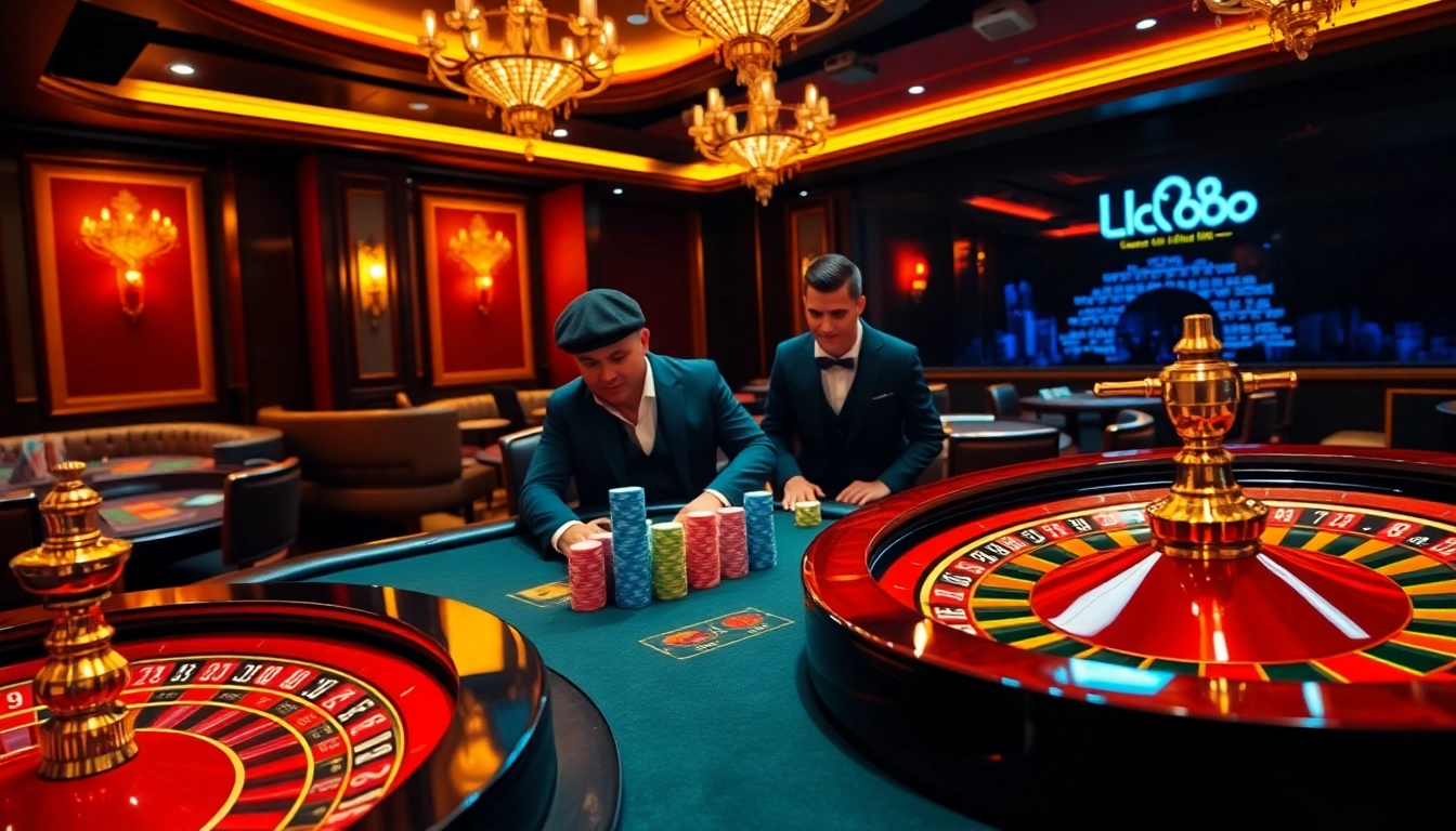 High-stakes poker players engaging in a thrilling lc88 casino experience with vibrant chips and a roulette wheel.