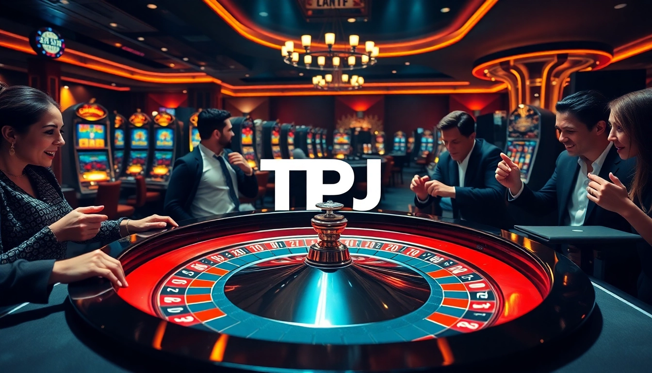 Players engaging at a luxurious casino table, with TPJ branding enhancing the excitement of the gaming experience.
