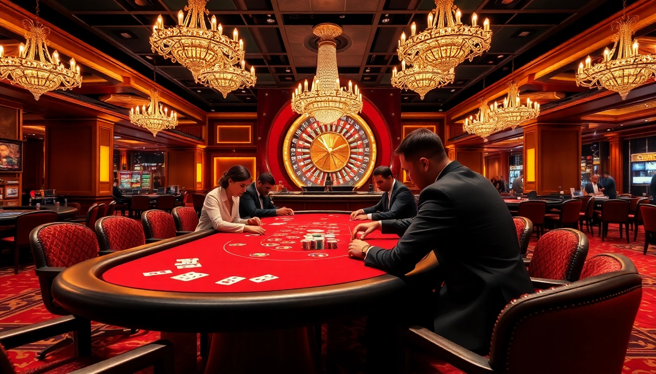 Players engage in high-stakes games at KP88's luxurious casino, showcasing poker chips and cards.