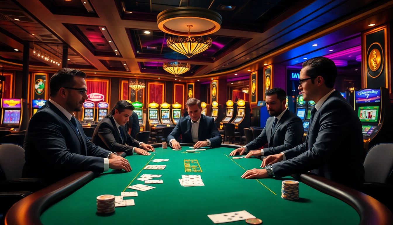 Gamblers strategizing at a Hitclub casino table, immersed in a vibrant and luxurious atmosphere.