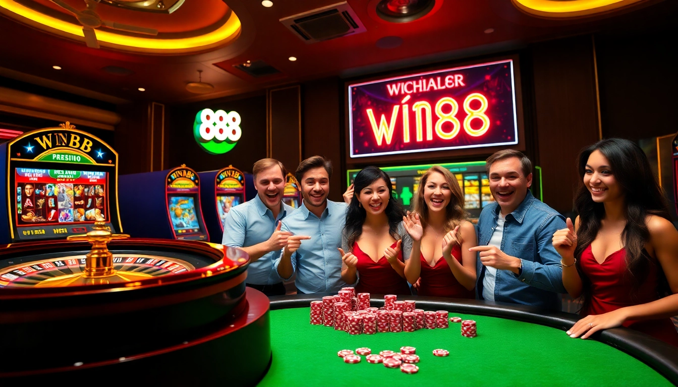 Experience the excitement of win88 nổ hũ with vibrant slot machines and jubilant players.
