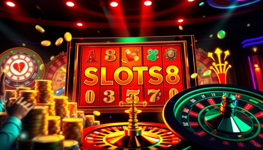 Experience the thrill of winning with SLOTS8 on luxurious slot machines in a lively casino setting.
