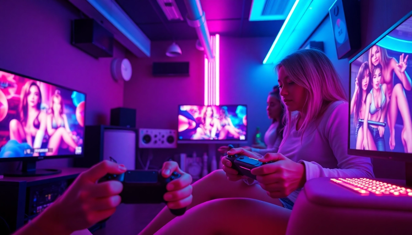 Engaging scene of players immersed in porn games featuring vibrant colors and gaming elements.