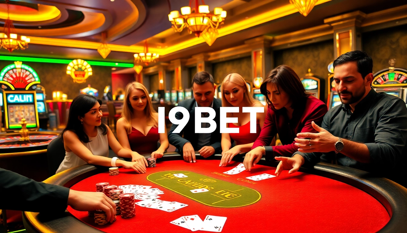 I9BET players enjoying an exciting casino atmosphere at a poker table.