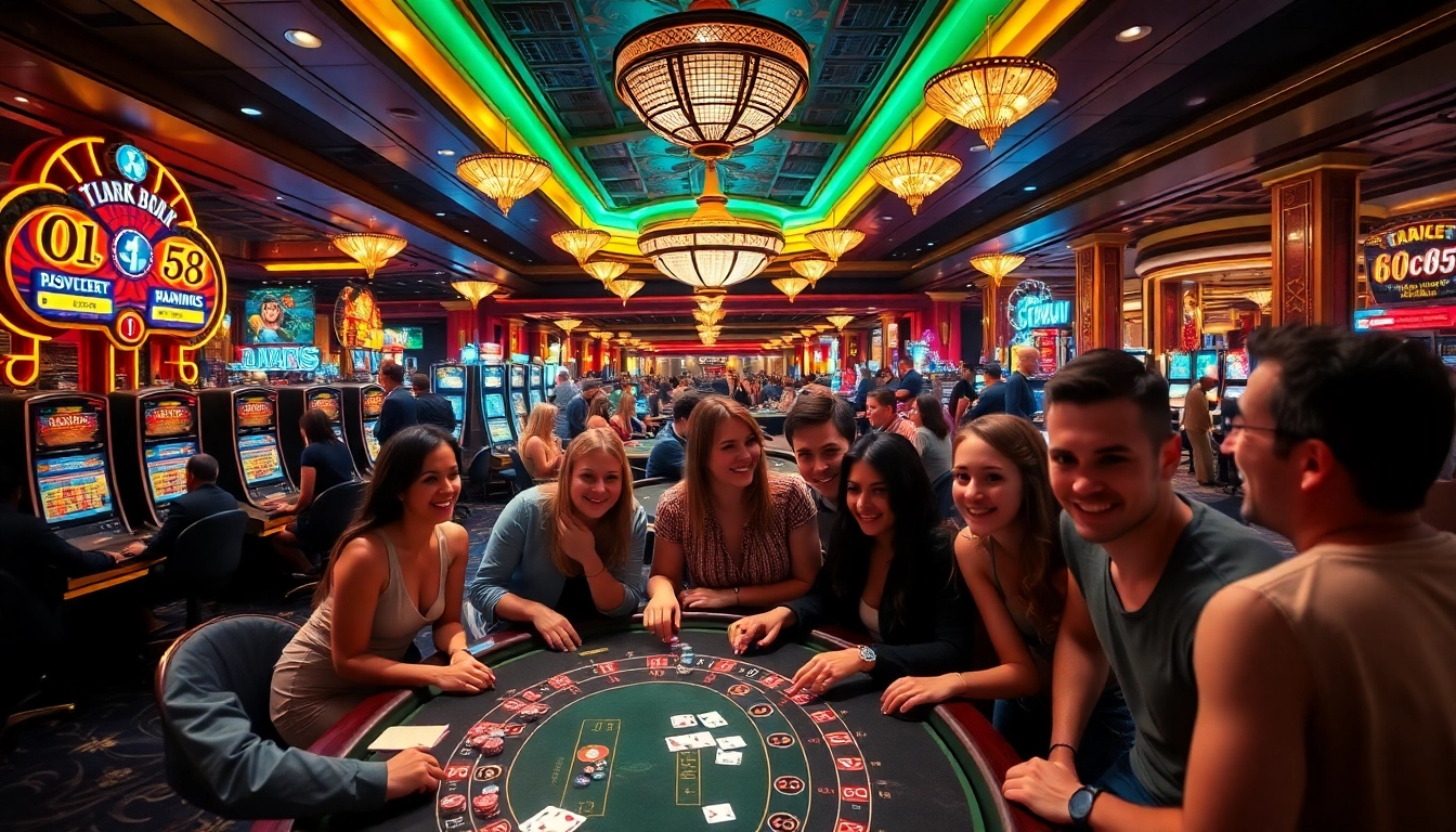 Excited gamblers celebrate at a go8-themed poker table in a luxurious casino.