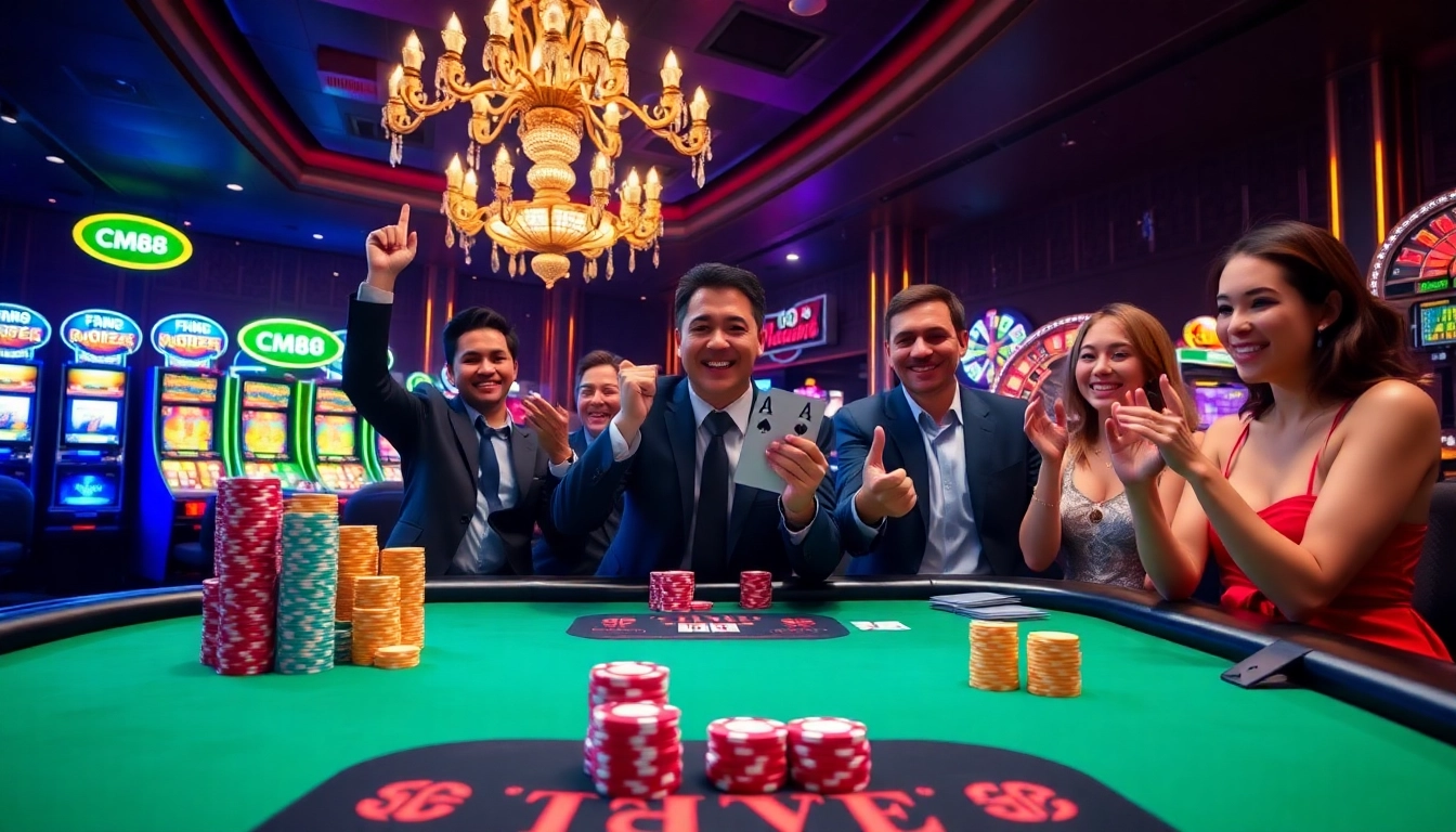 Exciting CM88 casino scene showcasing poker players celebrating wins at a vibrant gaming table.