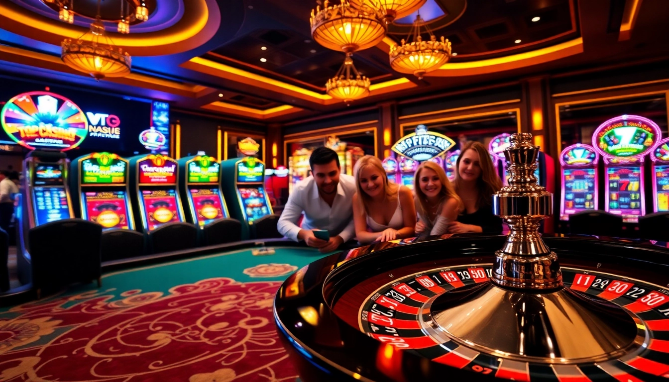 Experience the thrill of gambling at https://top10nhacai.gg/ with luxurious casino visuals featuring roulette and poker tables.