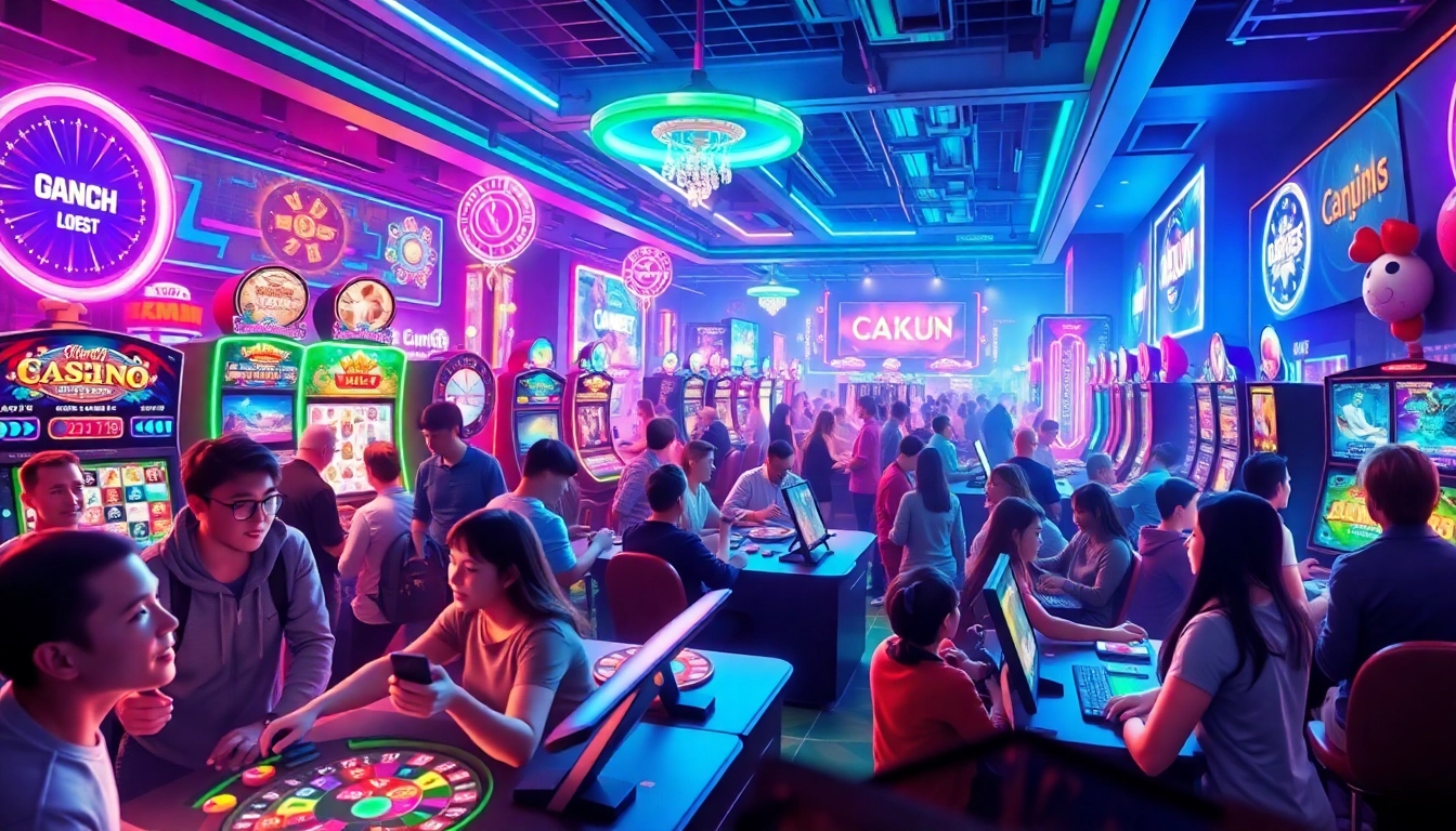 Exciting gaming scene at https://okfun.uk.net/ featuring diverse players and vibrant casino elements.