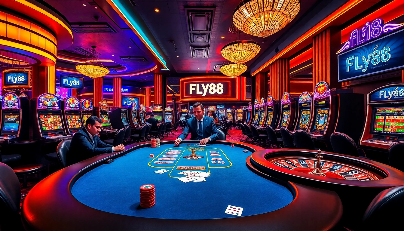 Engage with thrilling gaming experiences at FLY88's vibrant casino atmosphere featuring poker and roulette.