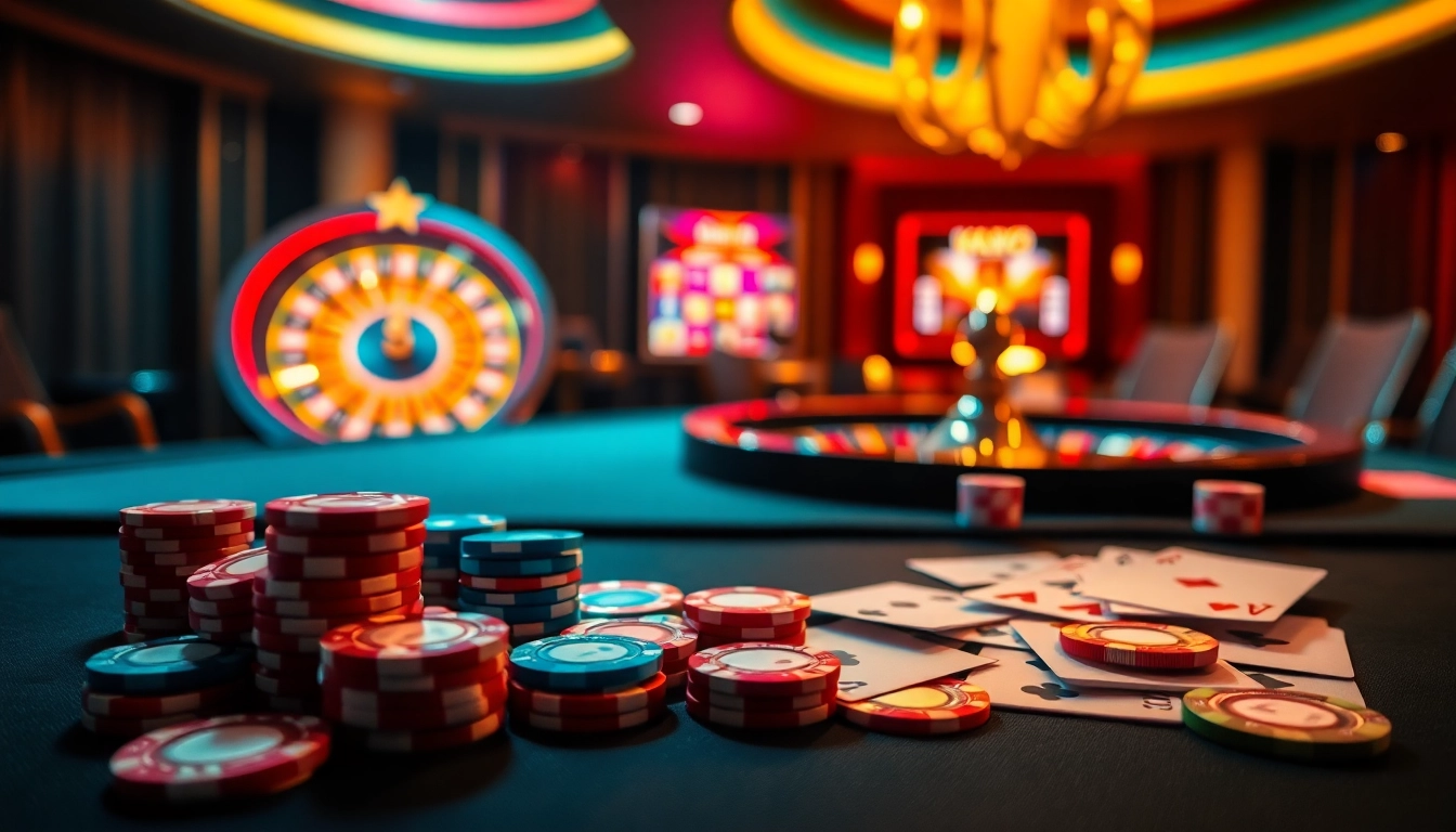 A vibrant tabletop at kkwin casino featuring poker chips, cards, and a spinning roulette wheel to capture the excitement of gambling.