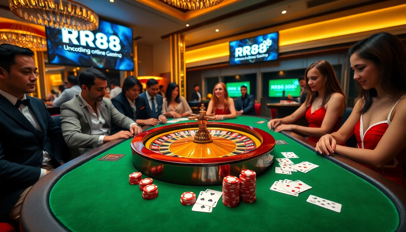 Experience the excitement at RR88 with vibrant casino games and players engaged in thrilling action.