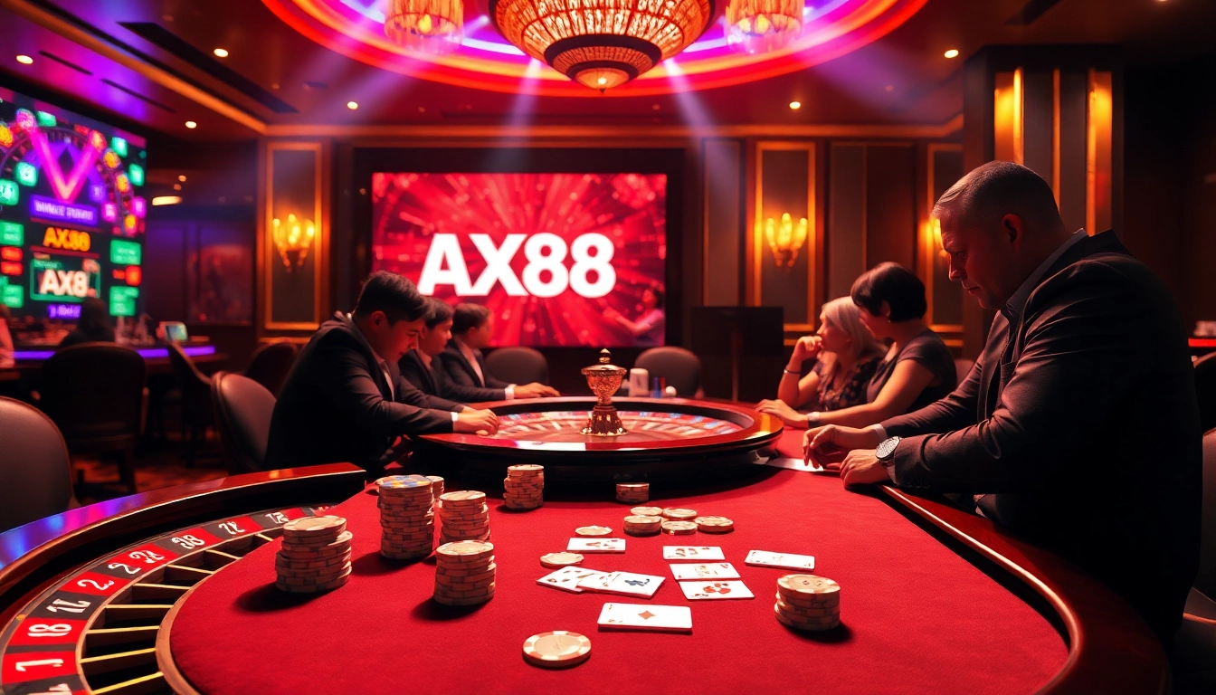 AX88 players strategizing at a poker table in an upscale casino setting.