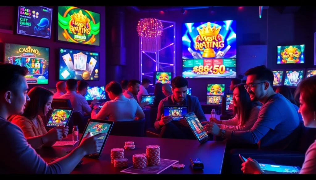 Exciting online gaming scene showcasing players at go-88.us.com with vibrant graphics and casino elements.