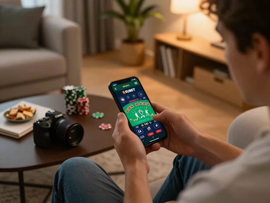 KUBET player engaged in online blackjack on smartphone in a cozy home environment.