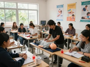 Students learning Hijama techniques during a course in London, with therapy equipment and natural light.