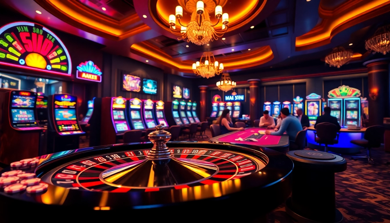 A thrilling casino scene showcasing players engaged in games at 88xx.co.com, featuring roulette and vibrant slot machines.