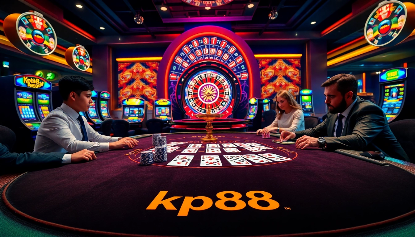 Experienced players engaging in high-stakes games at kp88's luxurious casino, showcasing vibrant slot machines.