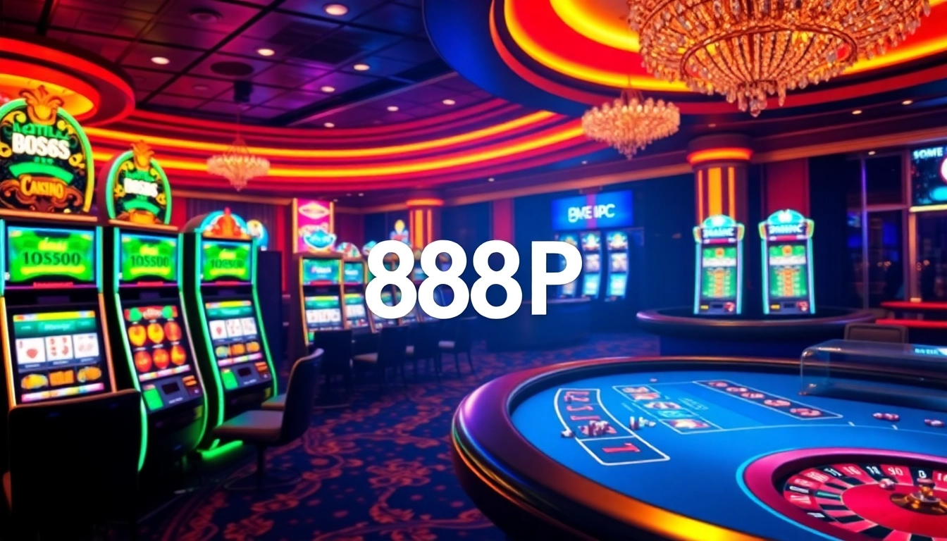 Experience thrilling casino excitement with 888P's vibrant slots and poker visuals in a luxurious setting.