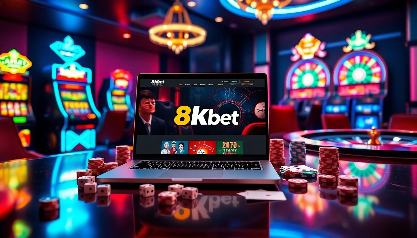 Experience thrilling online gambling with 8kbet, featuring vibrant slot machines and a roulette wheel.