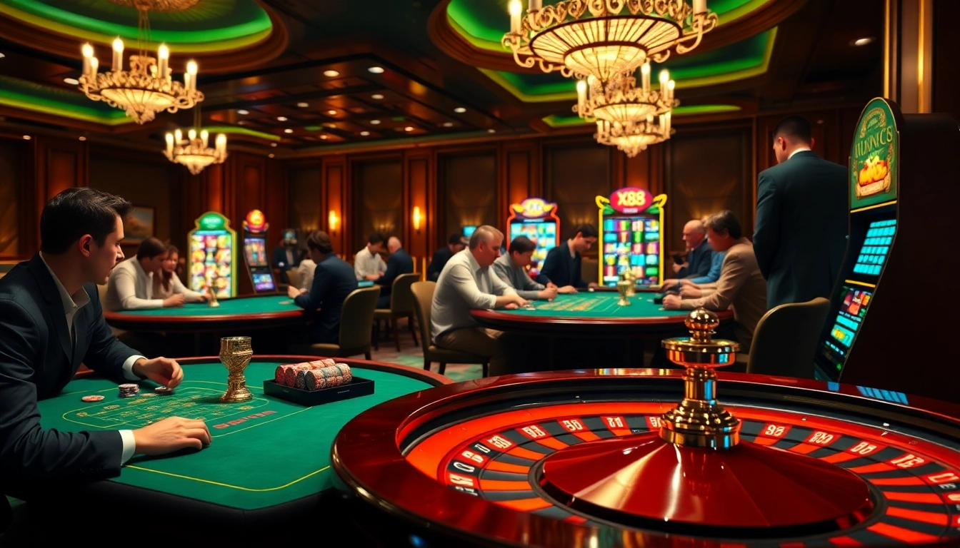 X88 players celebrate a win at a luxurious casino with vibrant slot machines and poker games.