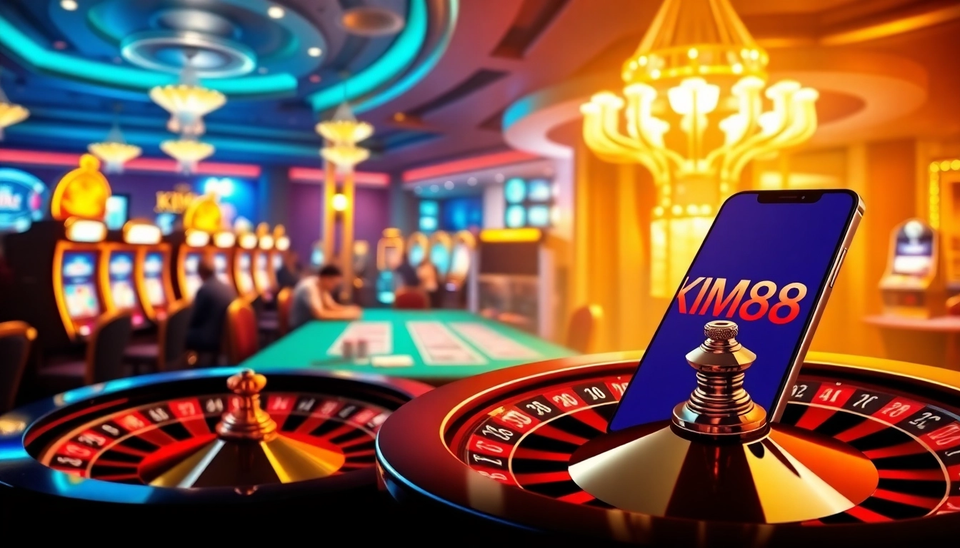 KIM88 offers an engaging casino experience showcasing intense poker action and vibrant slot machines.