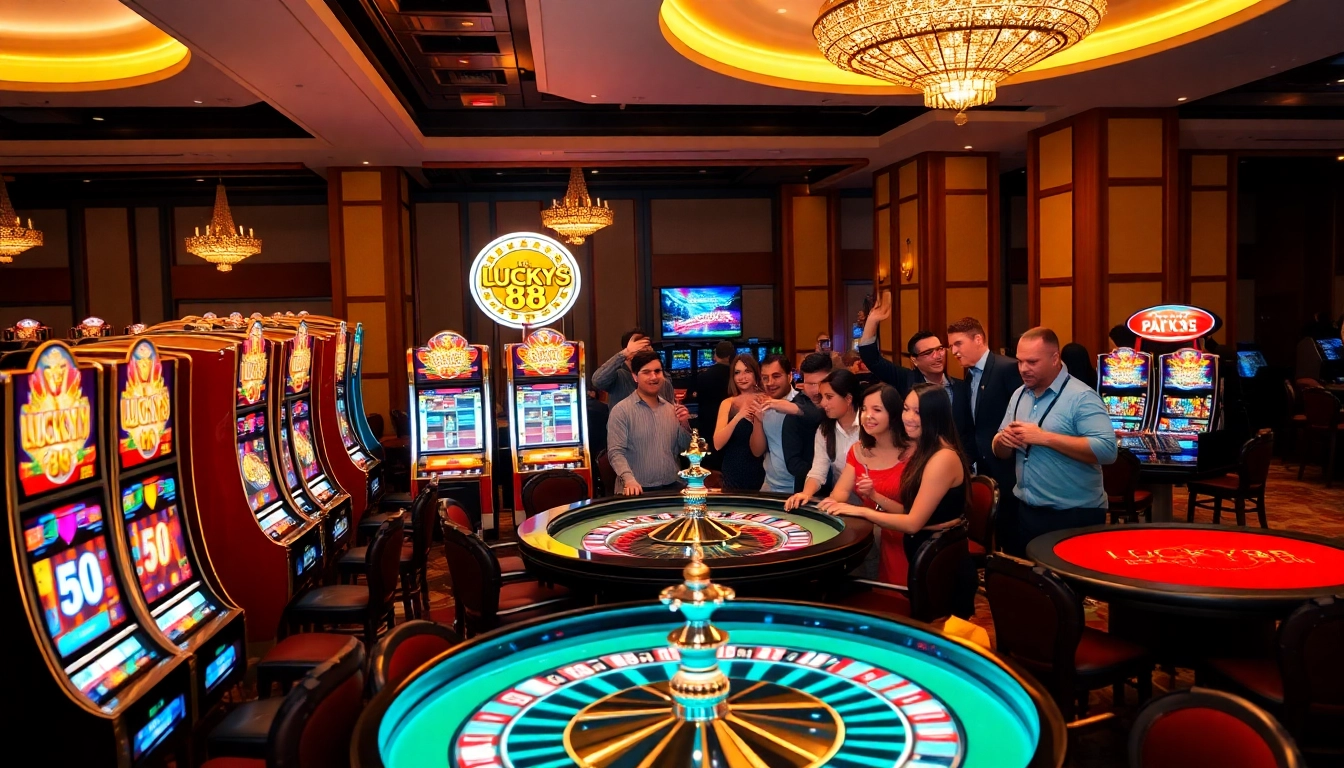 Players enjoying the Lucky88 slot machine amidst vibrant casino ambiance.